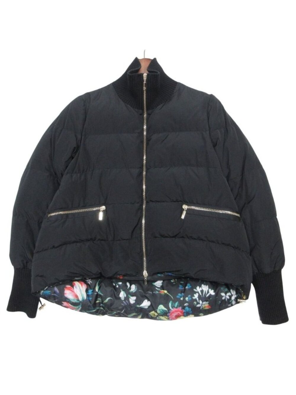 Moncler Down Jacket Zoe Zip Up Outer Short Length Tropical Pattern Lining Black